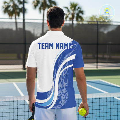 Custom White And Blue Flame Pickleball Tournament Team Uniform Men Polo Shirt IPHW12732