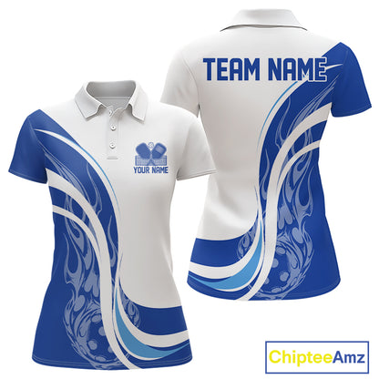 Custom White And Blue Flame Pickleball Tournament Team Uniform Women Polo Shirt IPHW12732