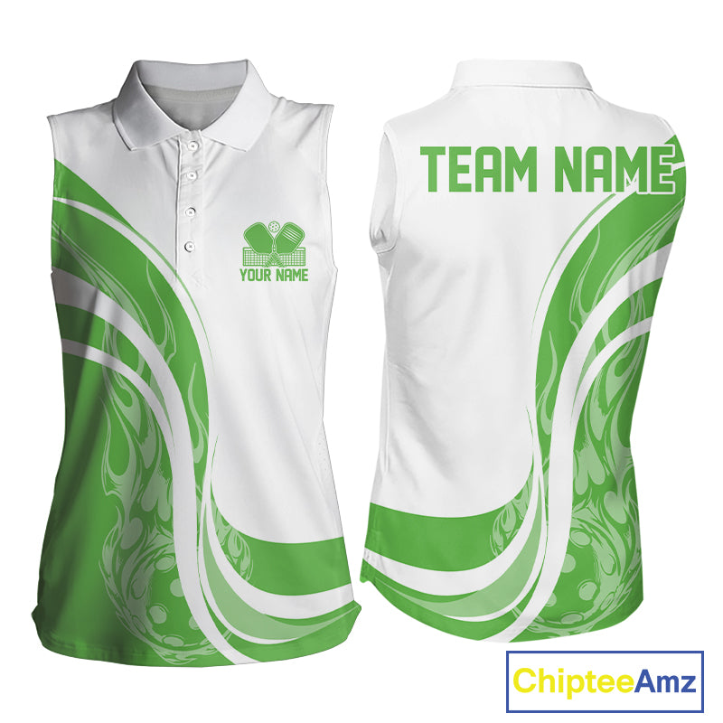 Custom White And Green Flame Pickleball Tournament Team Uniform Women Sleeveless Polo Shirt IPHW12734