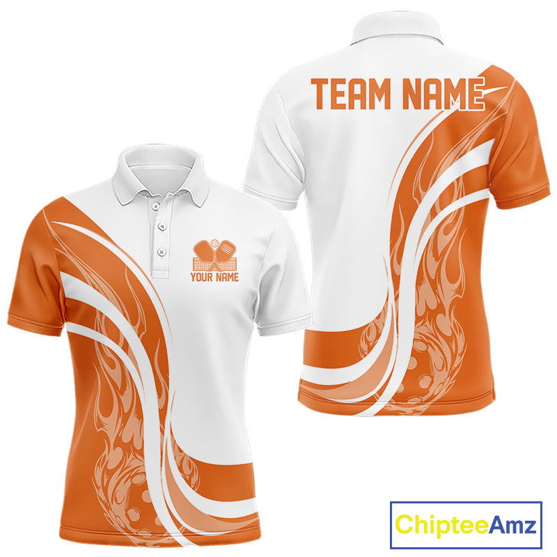 Custom White And Orange Flame Pickleball Tournament Team Uniform Men Polo Shirt IPHW12736