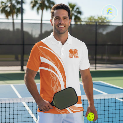 Custom White And Orange Flame Pickleball Tournament Team Uniform Men Polo Shirt IPHW12736