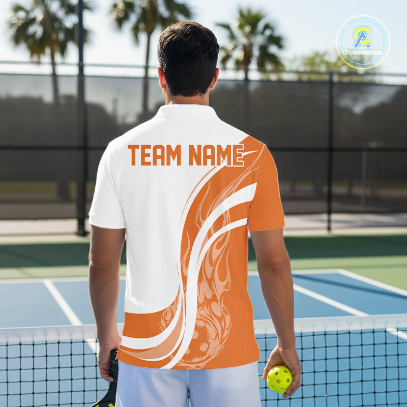Custom White And Orange Flame Pickleball Tournament Team Uniform Men Polo Shirt IPHW12736