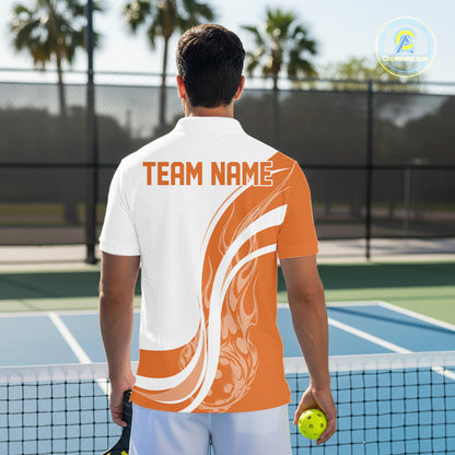 Custom White And Orange Flame Pickleball Tournament Team Uniform Men Polo Shirt IPHW12736