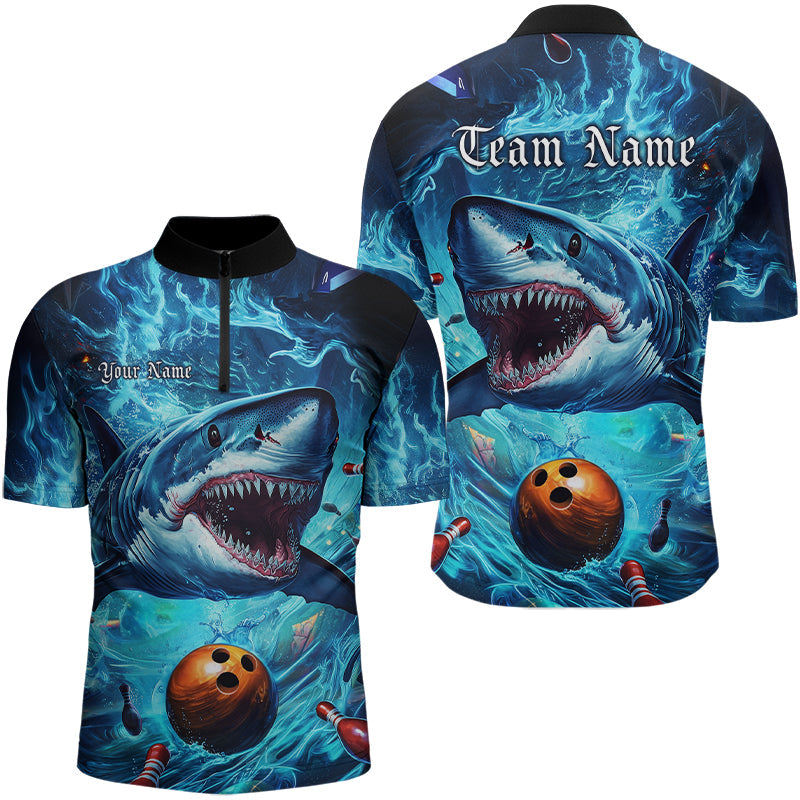 Custom Shark Team Bowling Quarter-Zip Shirts For Men, Shark Bowling Team Outfits IPHW8007