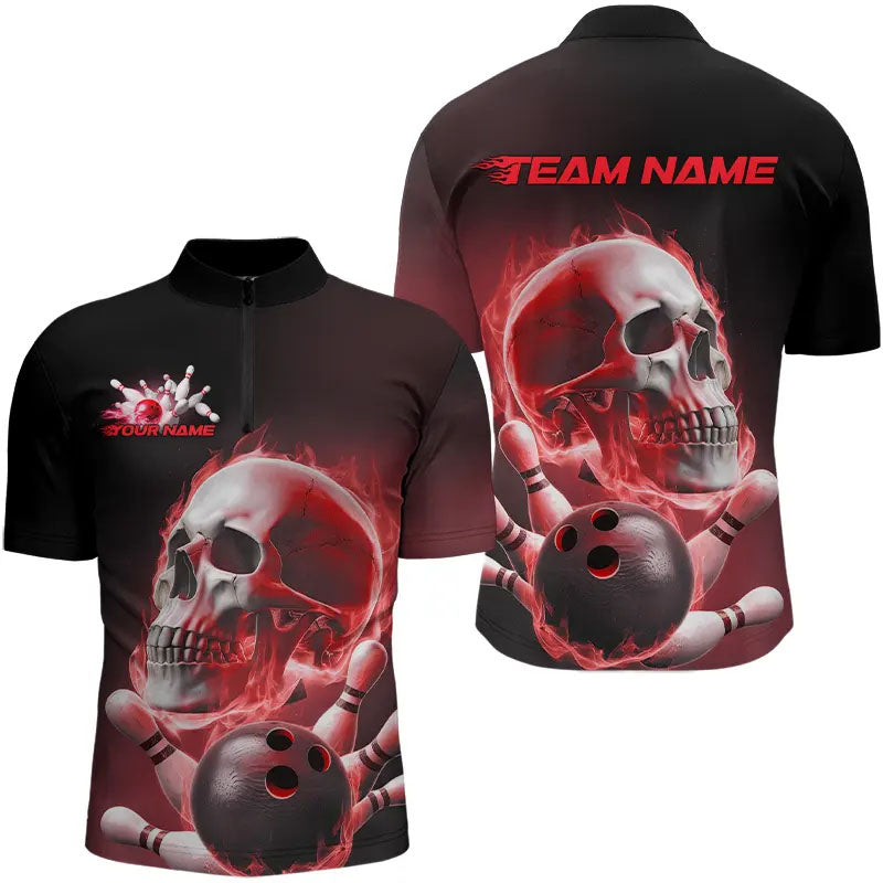 Red Smoke Flame Custom Skull Bowling Quarter-Zip Shirts For Men, Team Bowling Tournament Uniform IPHW8225