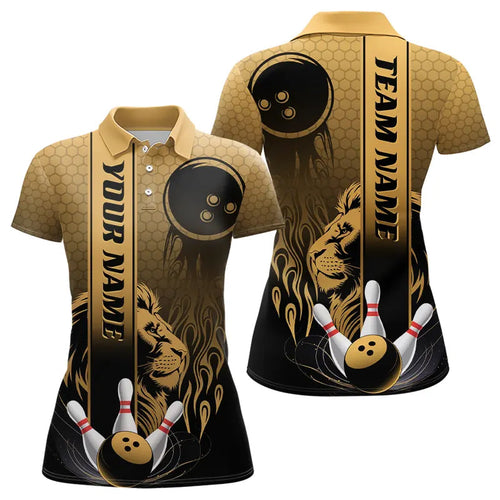 Black And Gold Custom Lion Bowling Polo Shirts For Women, Flame Bowling Team Uniform IPHW8228