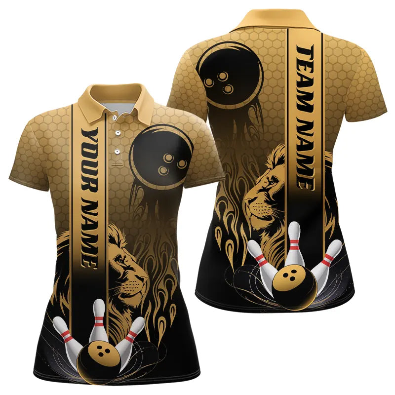 Black And Gold Custom Lion Bowling Polo Shirts For Women, Flame Bowling Team Uniform IPHW8228