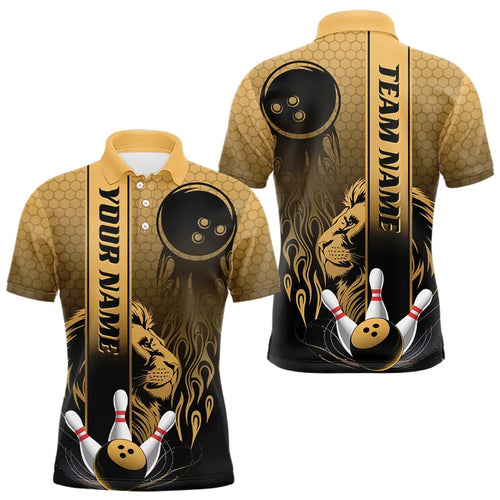 Black And Gold Custom Lion Bowling Polo Shirts For Men, Flame Bowling Team Uniform IPHW8228