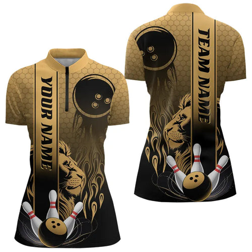 Black And Gold Custom Lion Bowling Quarter-Zip Shirts For Women, Flame Bowling Team Uniform IPHW8228