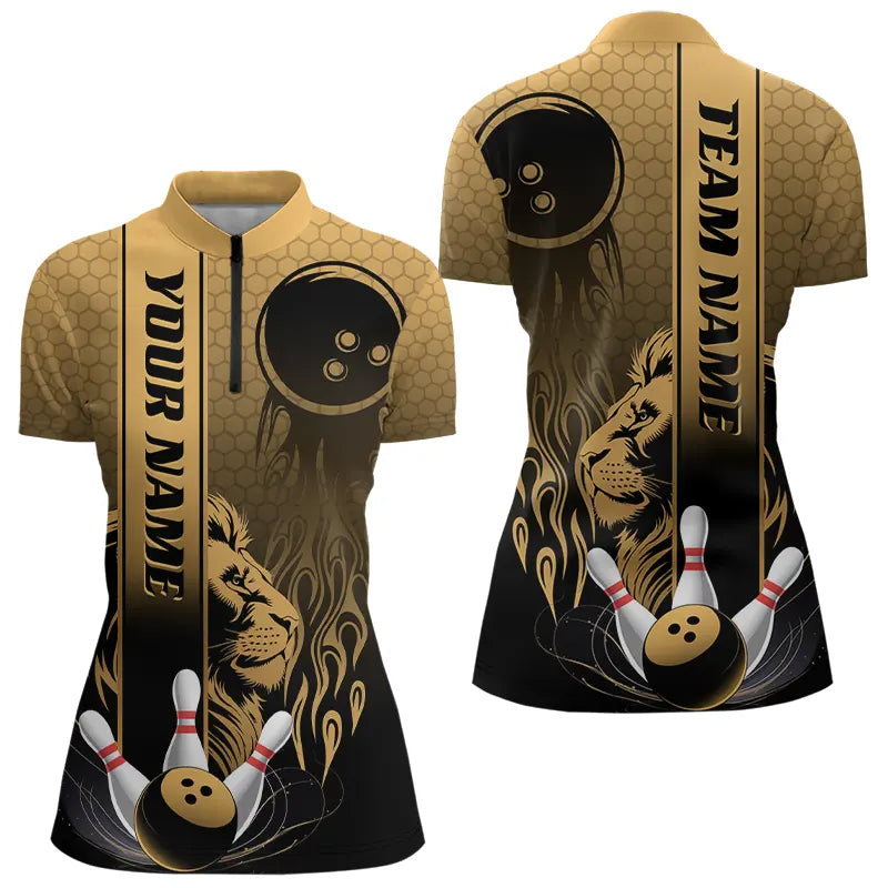 Black And Gold Custom Lion Bowling Quarter-Zip Shirts For Women, Flame Bowling Team Uniform IPHW8228