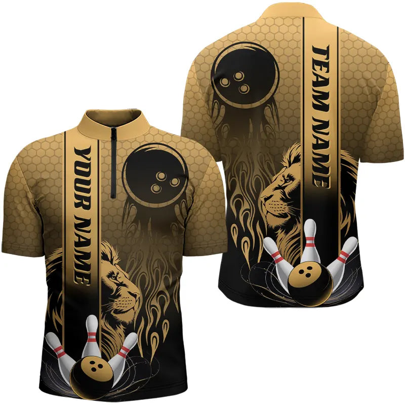 Black And Gold Custom Lion Bowling Quarter-Zip Shirts For Men, Flame Bowling Team Uniform IPHW8228