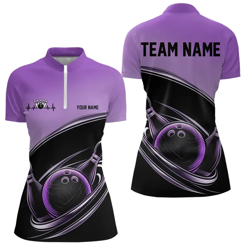 Custom Black And Purple Bowling Quarter-Zip Shirts For Women, Bowling Team Uniform IPHW8232