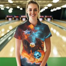 Load image into Gallery viewer, Blue And Orange Custom Flame Eagle Bowling Polo Shirts For Women, Bowling Team Shirt IPHW8449