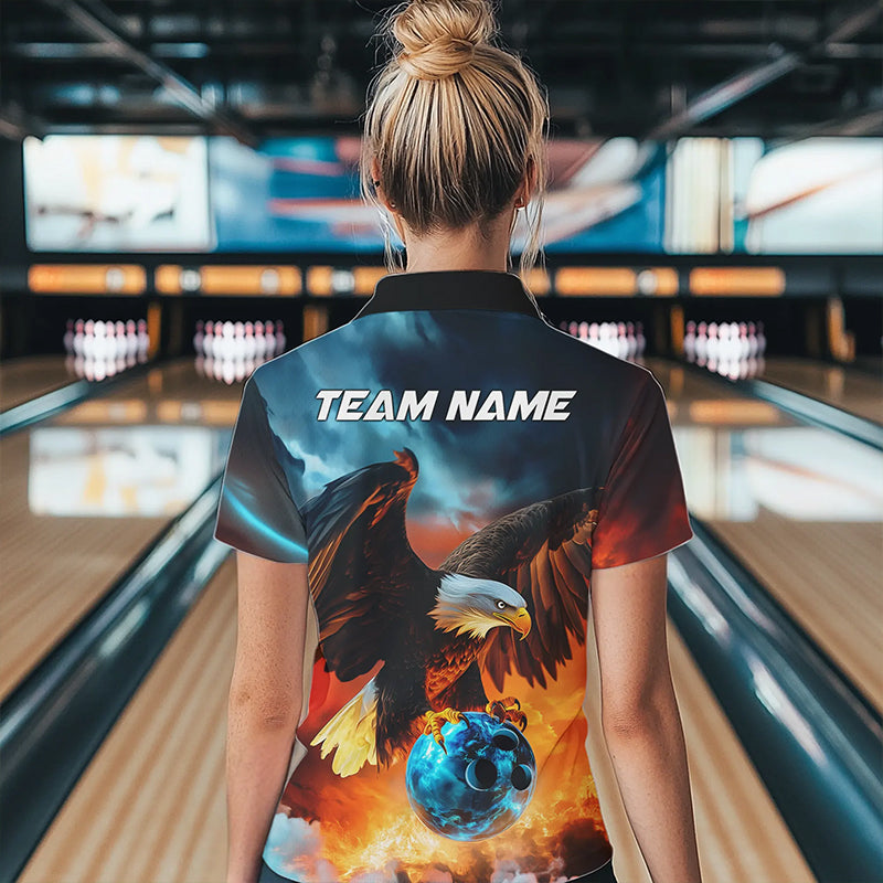 Blue And Orange Custom Flame Eagle Bowling Polo Shirts For Women, Bowling Team Shirt IPHW8449