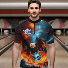 Load image into Gallery viewer, Blue And Orange Custom Flame Eagle Bowling Quarter-Zip Shirts For Men, Bowling Team Shirt With Name IPHW8449