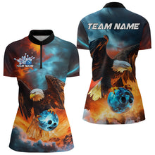 Load image into Gallery viewer, Blue And Orange Custom Flame Eagle Ladies Bowling Quarter-Zip Shirt, Bowling Team Shirt IPHW8449