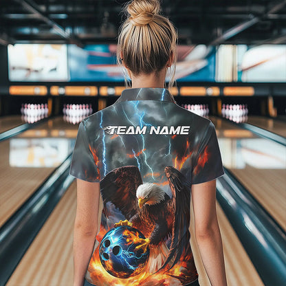 Custom Blue Thunder Lightning Flame Eagle Womens Bowling Polo Shirts, Bowling League Shirt IPHW8450