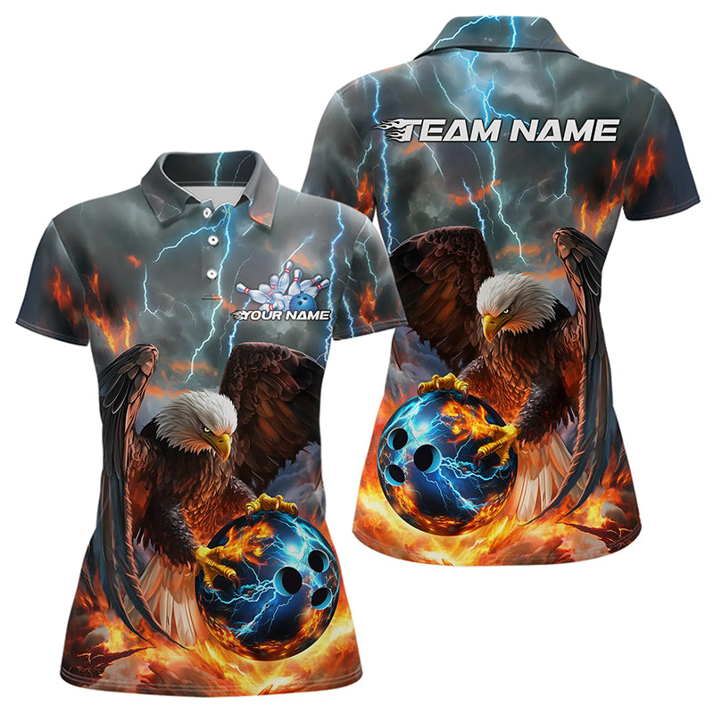 Custom Blue Thunder Lightning Flame Eagle Womens Bowling Polo Shirts, Bowling League Shirt IPHW8450