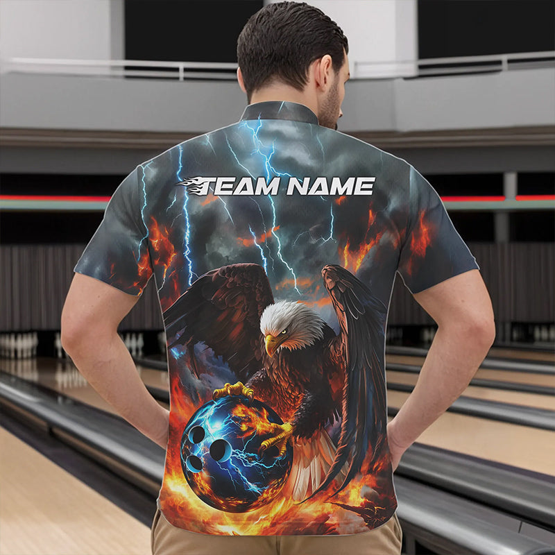 Custom Blue Thunder Lightning Flame Eagle Bowling Quarter-Zip Shirts For Men, Bowling League Shirt IPHW8450