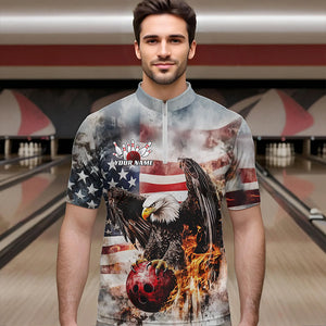 Custom Vintage US Flag Eagle Bowling Quarter-Zip Shirts For Men, Flame Eagle Patriotic Bowling Shirt IPHW8452