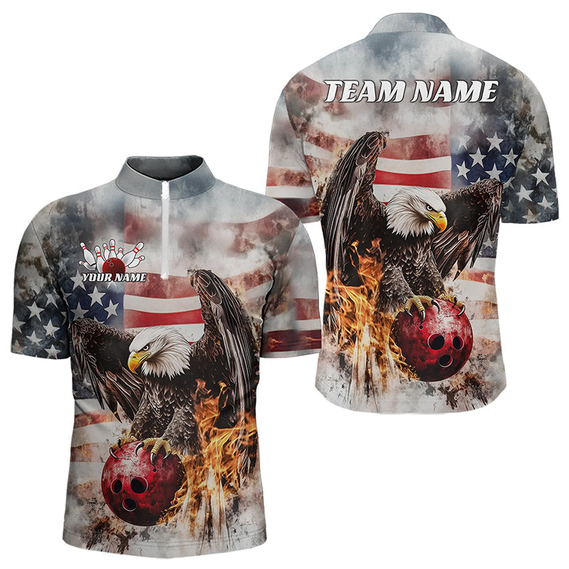 Custom Vintage US Flag Eagle Bowling Quarter-Zip Shirts For Men, Flame Eagle Patriotic Bowling Shirt IPHW8452