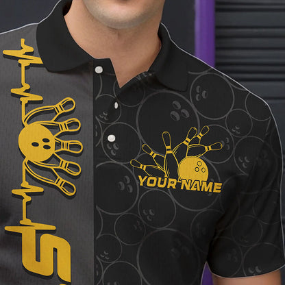 Custom Black And Gold Strike Bowling Polo Shirts For Men, Striking Team Bowling Jerseys IPHW8456