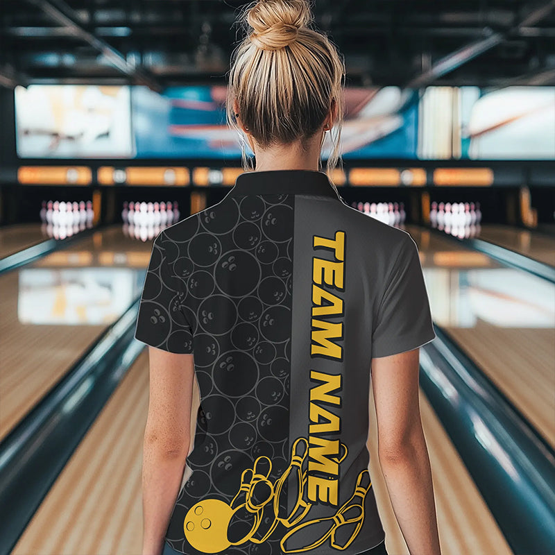 Custom Black And Gold Strike Bowling Polo Shirts For Women, Striking Team Bowling Jerseys IPHW8456