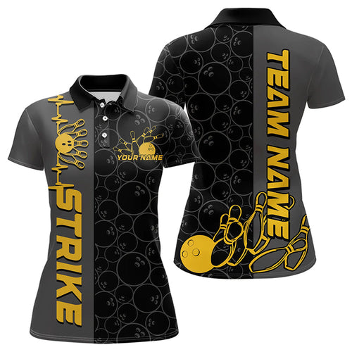Custom Black And Gold Strike Bowling Polo Shirts For Women, Striking Team Bowling Jerseys IPHW8456