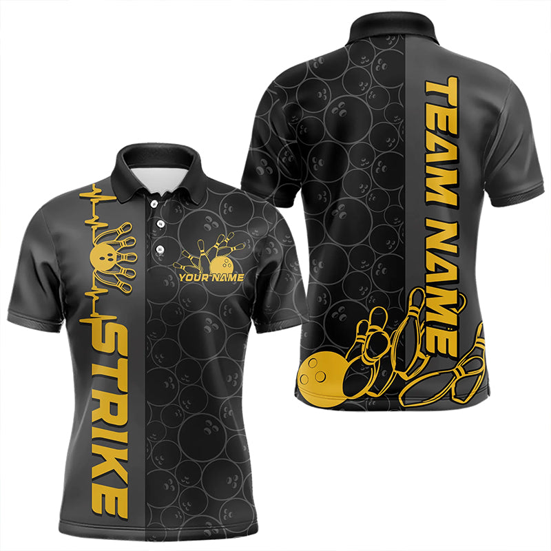 Custom Black And Gold Strike Bowling Polo Shirts For Men, Striking Team Bowling Jerseys IPHW8456