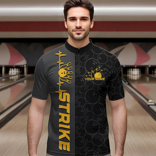 Custom Black And Gold Strike Bowling Quarter-Zip Shirts For Men, Striking Team Bowling Jerseys IPHW8456