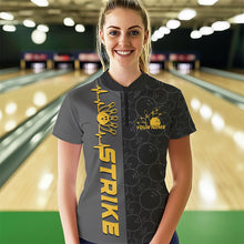 Load image into Gallery viewer, Custom Black And Gold Strike Ladies Bowling Quarter-Zip Shirt, Striking Team Bowling Jersey IPHW8456
