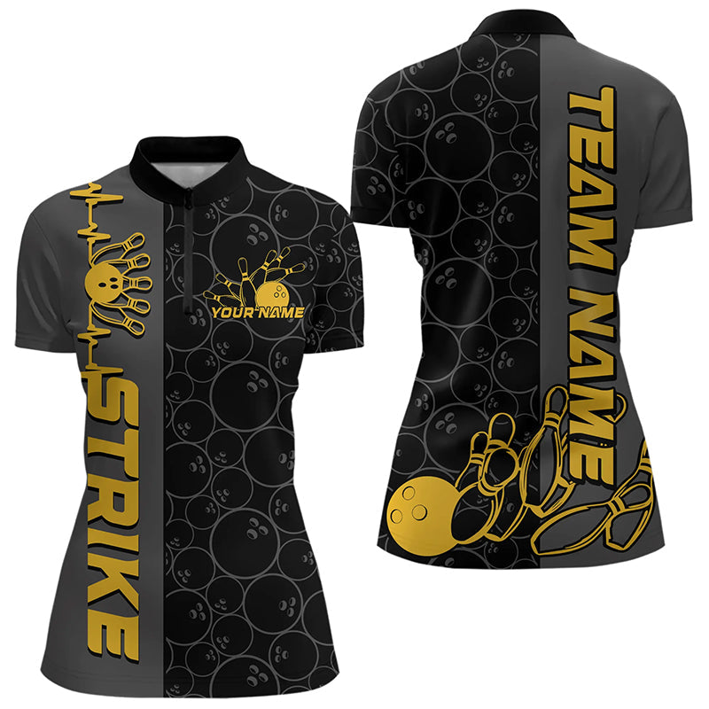 Custom Black And Gold Strike Ladies Bowling Quarter-Zip Shirt, Striking Team Bowling Jersey IPHW8456