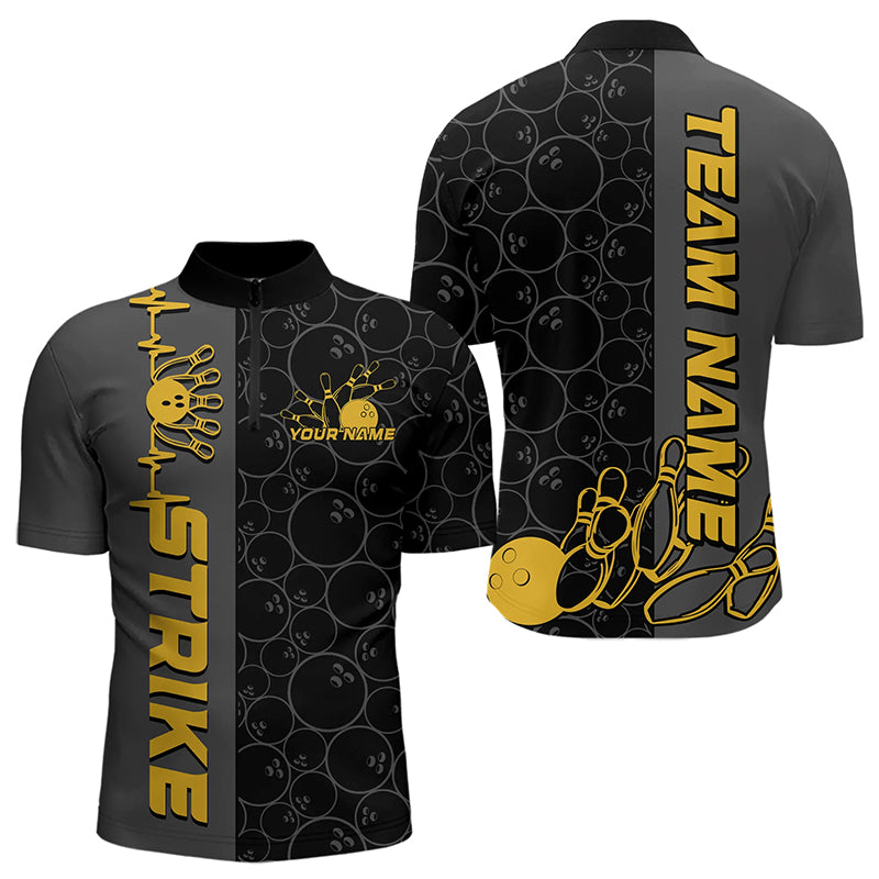 Custom Black And Gold Strike Bowling Quarter-Zip Shirts For Men, Striking Team Bowling Jerseys IPHW8456