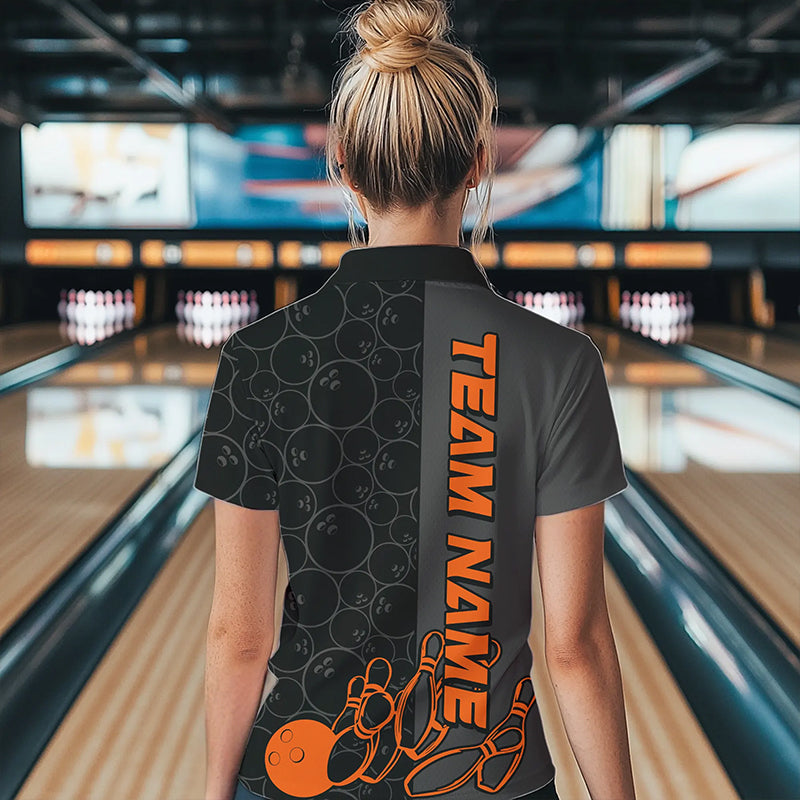 Custom Black And Orange Strike Bowling Polo Shirts For Women, Striking Team Bowling Jerseys IPHW8457
