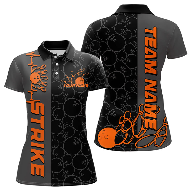 Custom Black And Orange Strike Bowling Polo Shirts For Women, Striking Team Bowling Jerseys IPHW8457