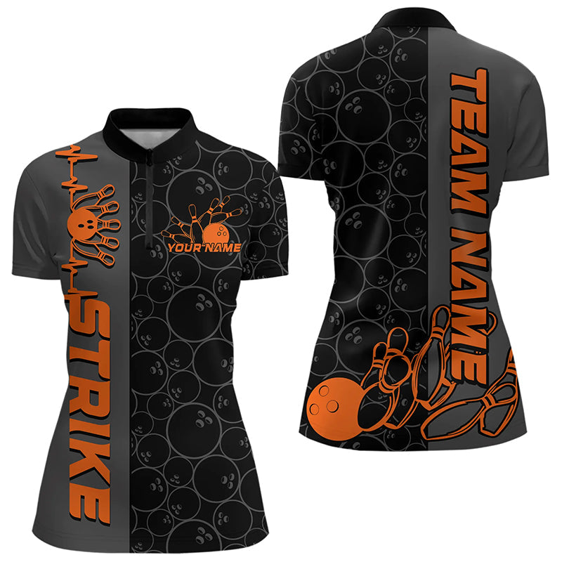 Custom Black And Orange Strike Ladies Bowling Quarter-Zip Shirt, Striking Bowling Jerseys IPHW8457