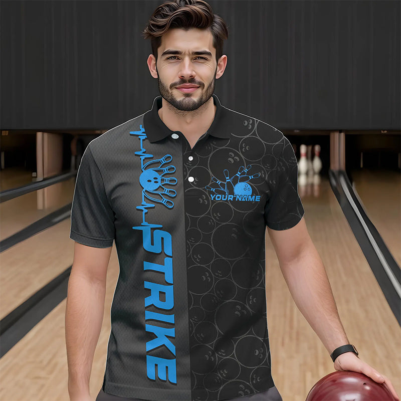 Custom Black And Blue Strike Bowling Polo Shirts For Men, Striking Team Bowling Jerseys IPHW8458