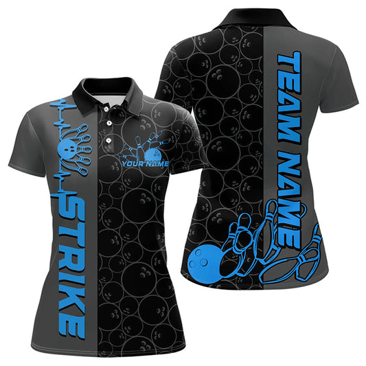 Custom Black And Blue Strike Bowling Polo Shirts For Women, Striking Team Bowling Jerseys IPHW8458