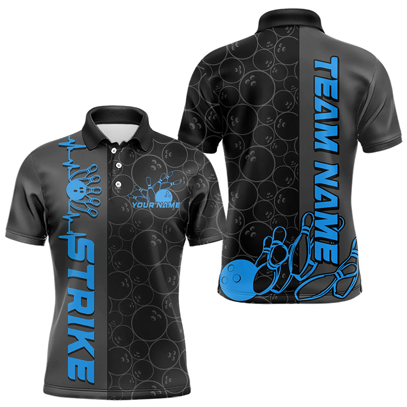 Custom Black And Blue Strike Bowling Polo Shirts For Men, Striking Team Bowling Jerseys IPHW8458