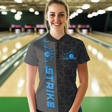 Load image into Gallery viewer, Custom Black And Blue Strike Ladies Bowling Quarter-Zip Shirt, Striking Team Bowling Jersey IPHW8458
