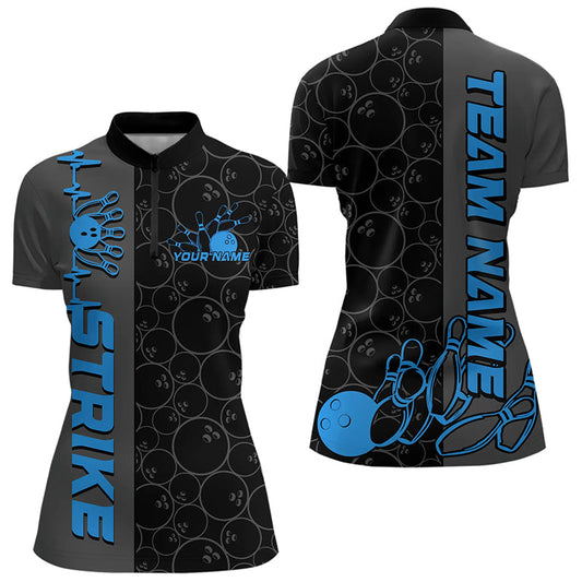 Custom Black And Blue Strike Ladies Bowling Quarter-Zip Shirt, Striking Team Bowling Jersey IPHW8458