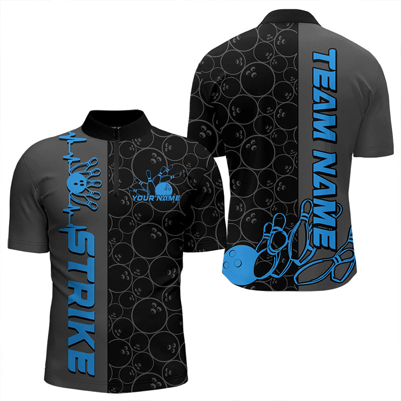 Custom Black And Blue Strike Bowling Quarter-Zip Shirts For Men, Striking Team Bowling Jerseys IPHW8458