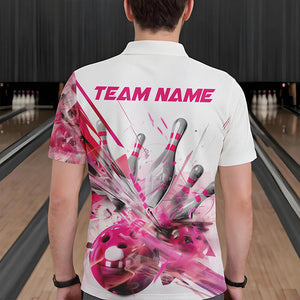 Custom White And Pink Custom Bowling Polo Shirts For Men, Bowling Tournament Team Shirt IPHW8460