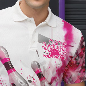 Custom White And Pink Custom Bowling Polo Shirts For Men, Bowling Tournament Team Shirt IPHW8460