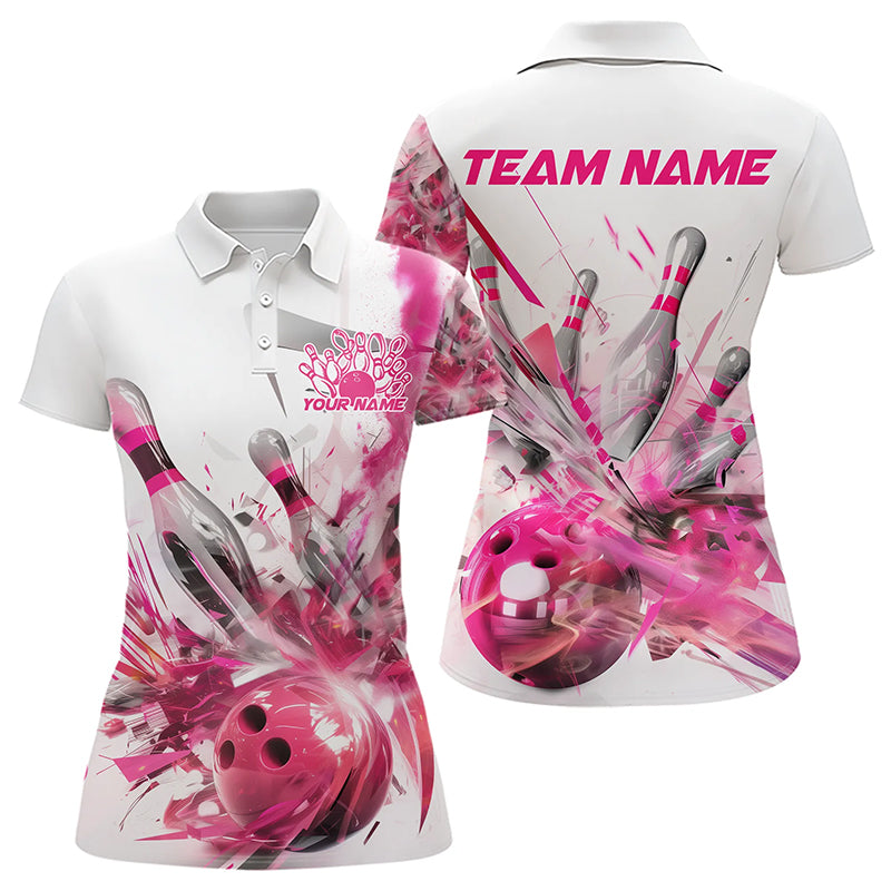 Custom White And Pink Custom Bowling Polo Shirts For Women, Bowling Tournament Team Shirt IPHW8460