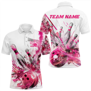 Custom White And Pink Custom Bowling Polo Shirts For Men, Bowling Tournament Team Shirt IPHW8460