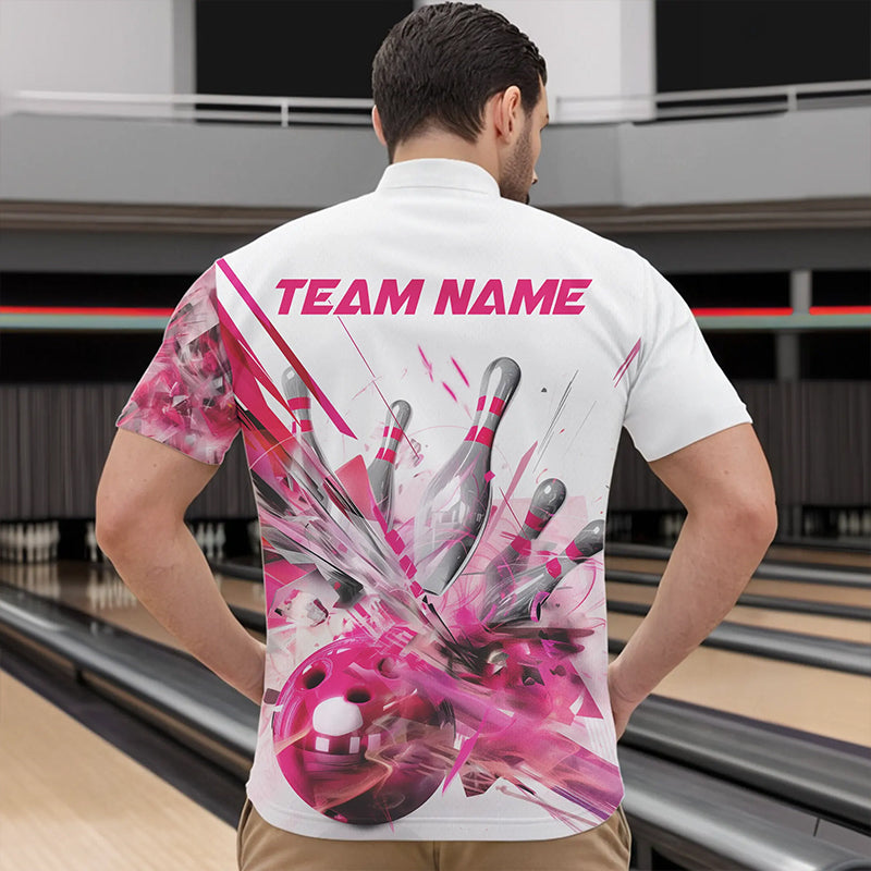Custom White And Pink Custom Bowling Quarter-Zip Shirts For Men, Bowling Tournament Team Shirt IPHW8460
