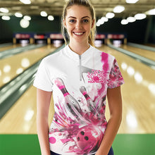 Load image into Gallery viewer, Custom White And Pink Custom Ladies Bowling Quarter-Zip Shirt, Bowling Tournament Shirt IPHW8460