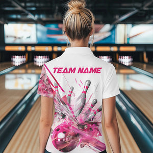 Custom White And Pink Custom Ladies Bowling Quarter-Zip Shirt, Bowling Tournament Shirt IPHW8460