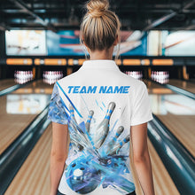 Load image into Gallery viewer, Custom White And Blue Custom Bowling Polo Shirts For Women, Bowling Tournament Team Shirt IPHW8461